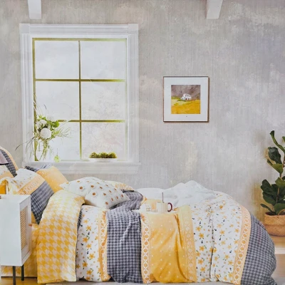 Yellow & Grey Floral Double Bedsheet with 2Pcs Pillow Cover