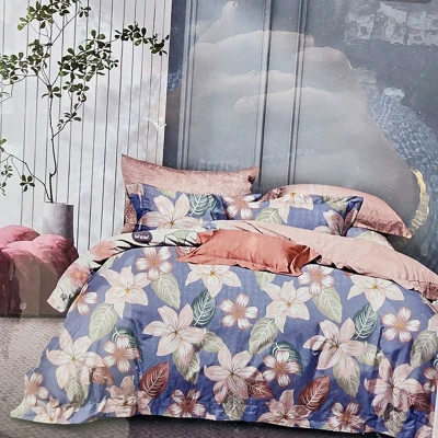 Blue Tropical Floral Double Bedsheet Set with 2Pcs Pillow Covers