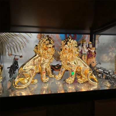Majestic Golden Lion Duo Sculpture